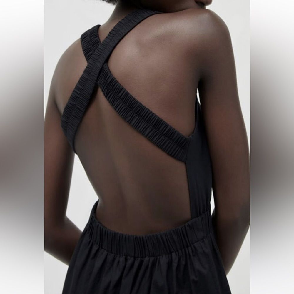 Zara black poplin embroidered midi dress with elastic cross back straps - Picture 7 of 11